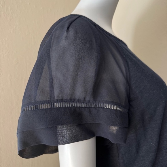 REBECCA TAYLOR Navy Sheer Flutter Sleeve Knit Top Silk and Linen Size Large - Picture 7 of 16